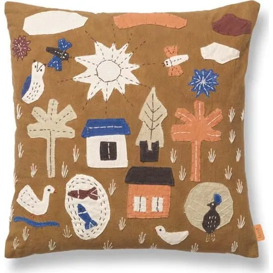 Ferm Living Village - Poduszka 40x40 cm, bawena organiczna z haftem