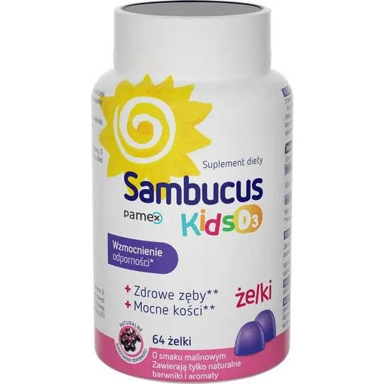 Sambucus Kids D3, elki smak malinowy, 64 szt.