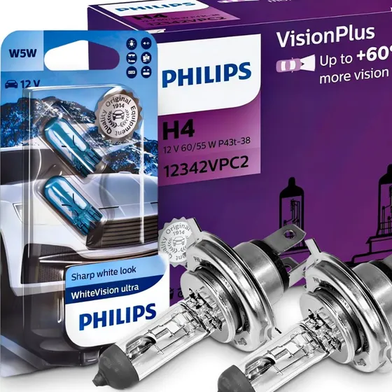 Philips H4 Vision Plus 60 + W5W White Vision Ultra 2szt