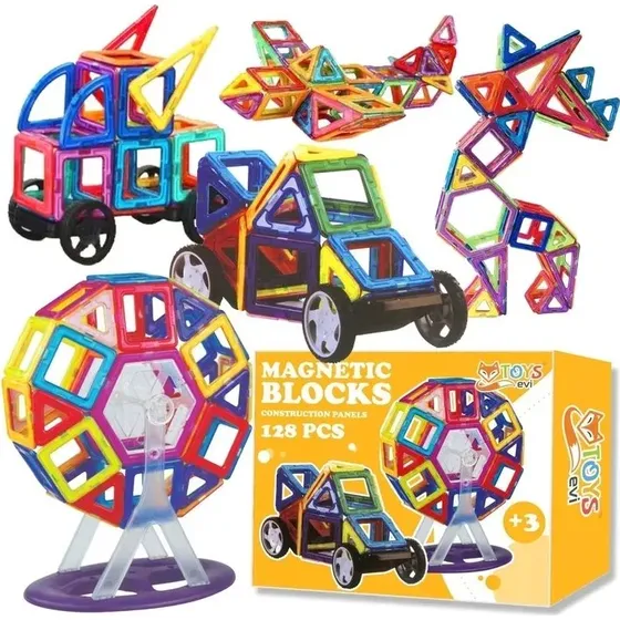 MagnaBuild Klocki Magnetyczne 3D 128 el, Edukacyjne dla Dzieci 3+