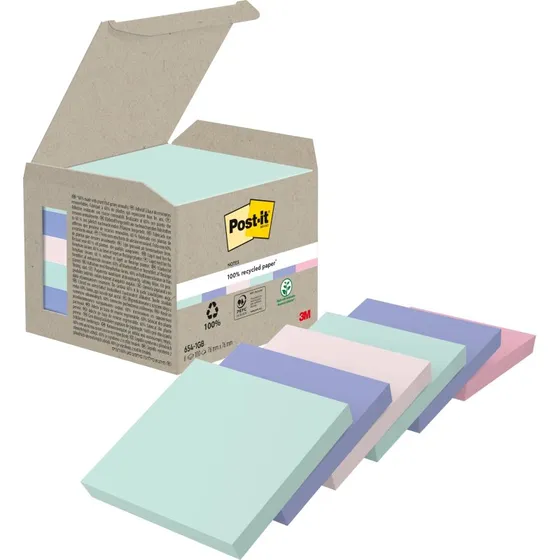3M Post-it Recycled Nature, 6x100 kart, 76x76 mm, pastelowe