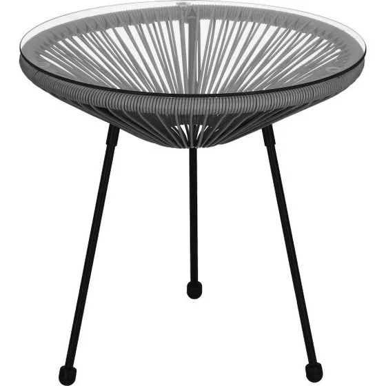 Springos® Stół ogrodowy rattanowy 50 cm, szklany blat, czarno-szary