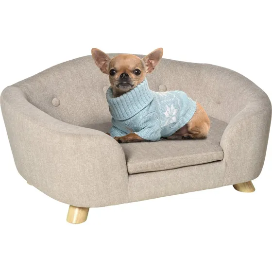PawHut Sofa dla psa i kota z drewna sosnowego, 70x47x30 cm, beżowo-szary