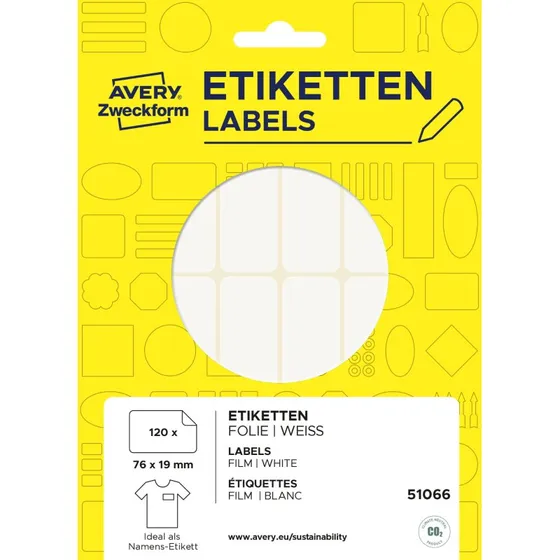 AVERY ZWECKFORM 51066 Etykiety imienne 76x19mm, 120 szt., białe foliowe