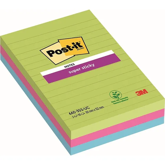 3M Post-it Super Sticky 102x152 mm, 3 kolory, 270 kartek