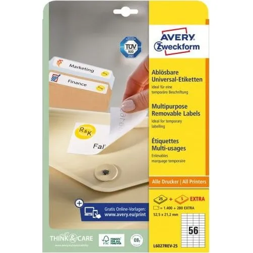 Avery L6027REV-25 Etykiety usuwalne 52,5x21,2 mm, 25 arkuszy