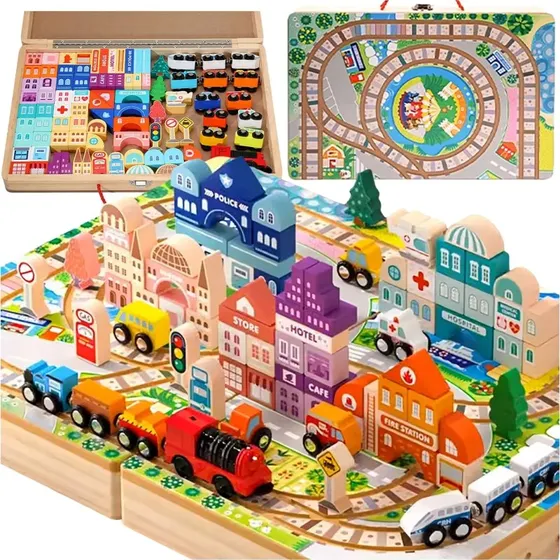 Lego City: Ogromna Drewniana Kolejka Elektryczna z Torem i Klockami Miejskimi