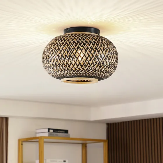 Lindby Nerys Lampa Sufitowa Black/Wood, Bambus, Ø 38 cm