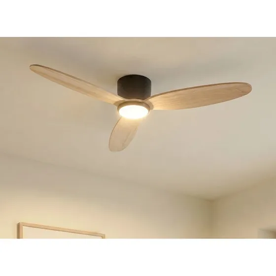 Wentylator sufitowy LED Lucande Lignia, Ø 132 cm, CCT, czarny/drewno