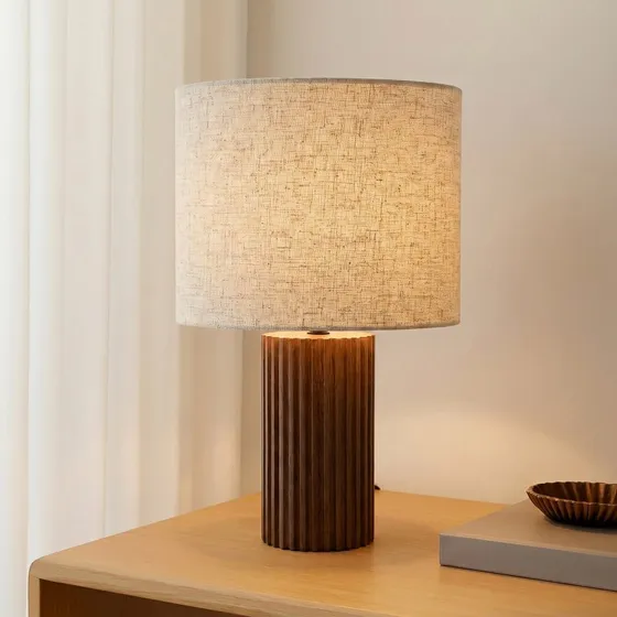 Lampa stołowa Lindby Kimiko, drewno orzechowe, tkanina, 38 cm