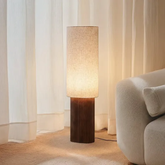 Lampa stojąca Lindby Kimiko, drewno orzechowe, tkanina, 100 cm