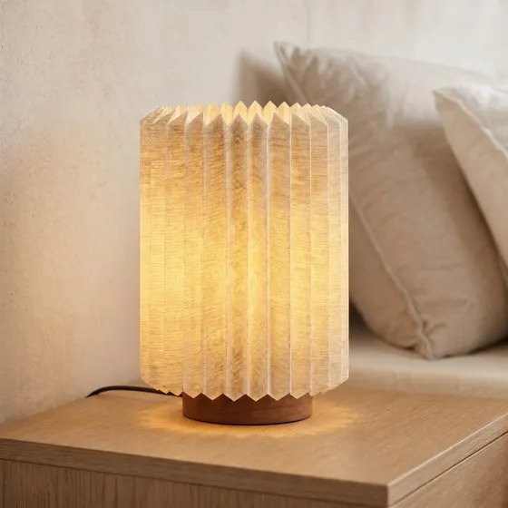 Lampa stołowa Lindby Maveo, orzech/len, 30 cm, E27