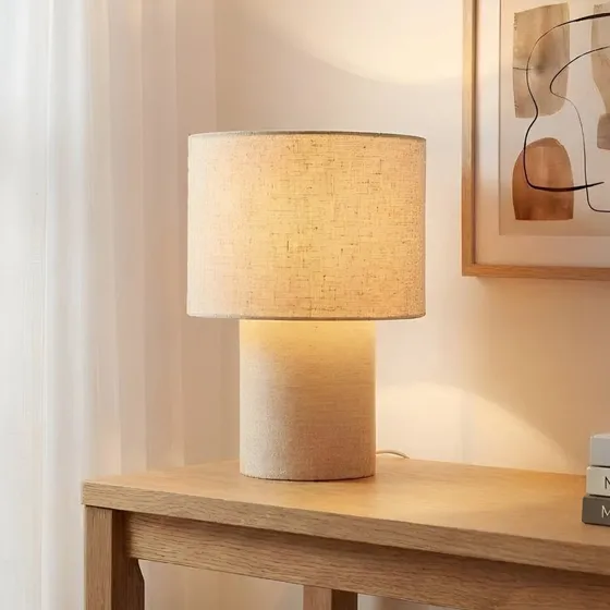 Lampa stołowa Lindby Elfie, beżowa, len, Ø 23 cm, E27