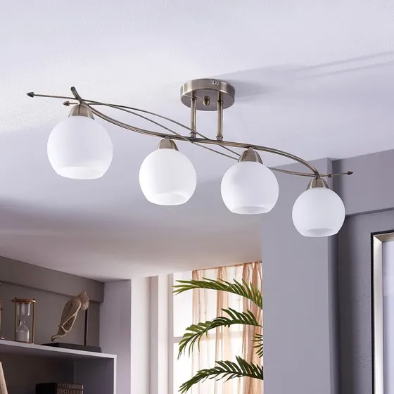 Lampa sufitowa Lindby Leanda 4-punktowa, Opal/Antyczny Mosiądz