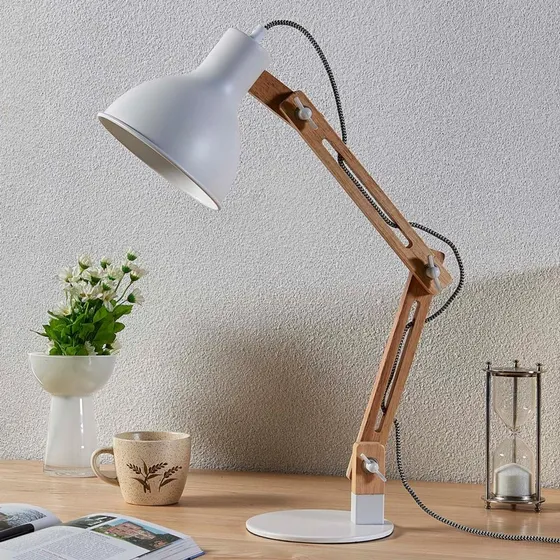 Lampa stołowa Shivanja Lindby White/Ash - drewno i metal