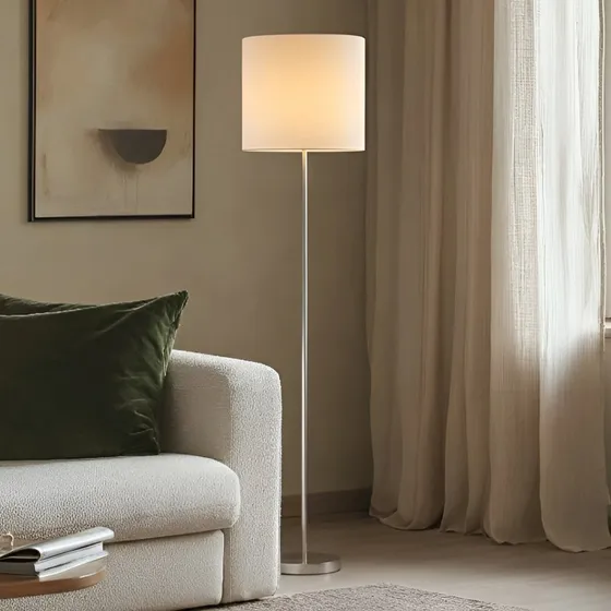 Lampa stojąca Lindby Parsa White - biała tkanina, nikiel