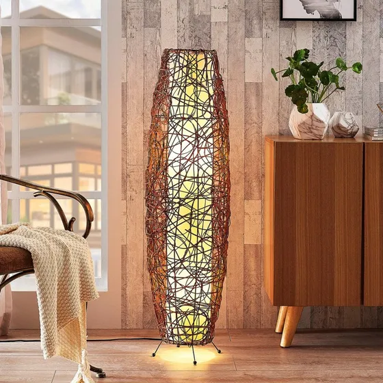 Lindby Nias Lampa Podłogowa Brown/White, Rattan i Tkanina