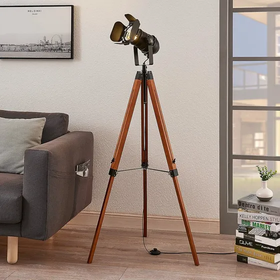 Lindby Hilma Lampa Podłogowa Wood/Black - Drewniany Trójnóg