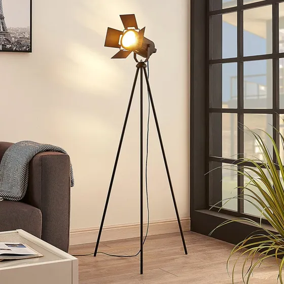 Lindby Lampa Podłogowa Devon Black - Trójnożna, Styl Industrialny