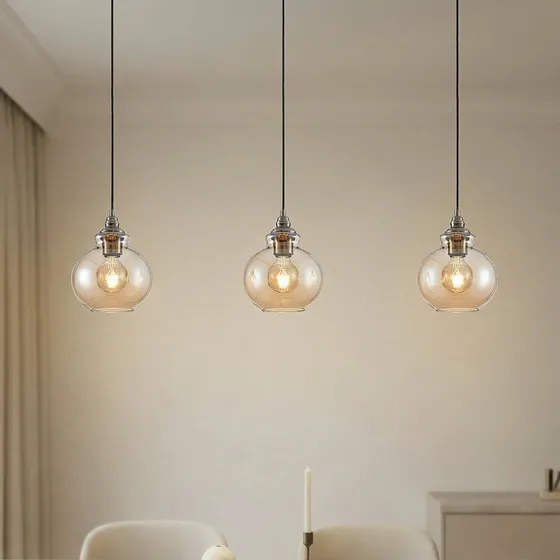Lampa wisząca Lindby Tymoni Amber/Wood - 3-punktowa, szkło bursztynowe