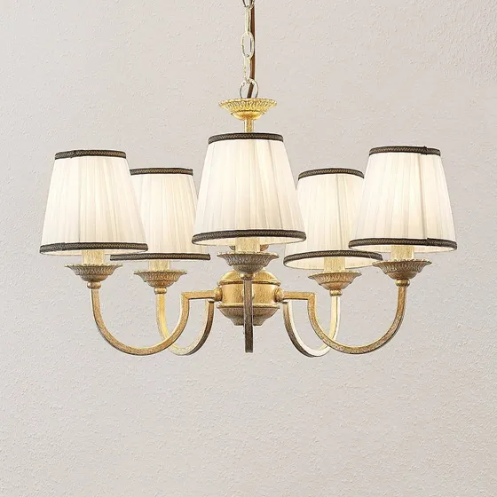 Żyrandol Lumiel Lindby 5-źródłowy, kremowy/antyczny mosiądz