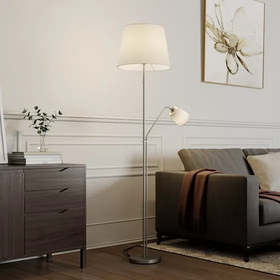 Lampa stojąca Lindby Nantwin, 175 cm, biały/nikiel, tkanina
