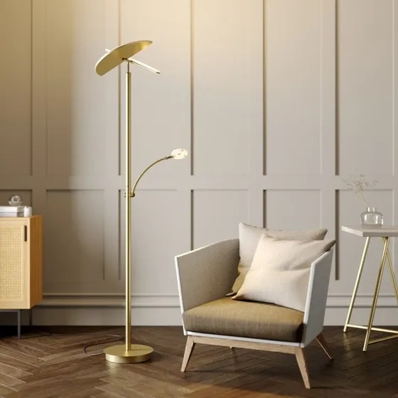 Lucande Lampa stojąca LED Anniki, mosiądz, regulowana, ściemniana