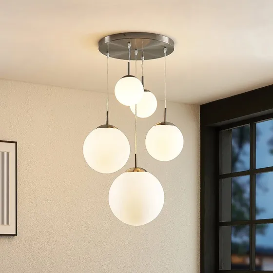 Lindby Heleska Lampa Wisząca Opal/Nickel, 5-punktowa, Ø 50 cm