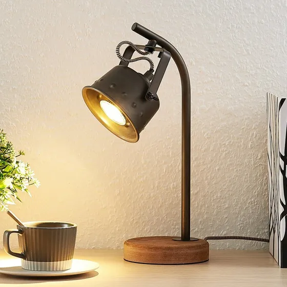Lindby Rubinjo Lampa Stołowa Wood/Black - Drewno i Metal