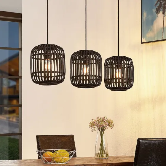 Lampa wisząca Lindby Canyana Black, 3-punktowa, rattan, 105 cm