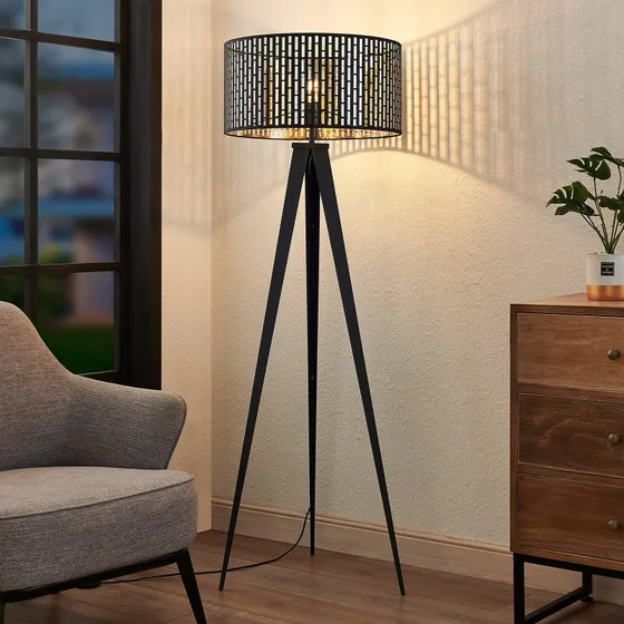 Lampa podłogowa Lindby Thoralf Black - trójnóg z kloszem tekstylnym