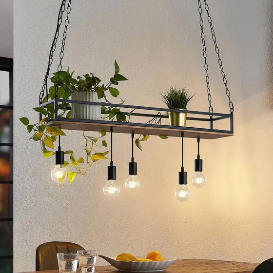 Żyrandol Lindby Kirista, 5-punktowy, czarny/drewno, 100 cm, E27