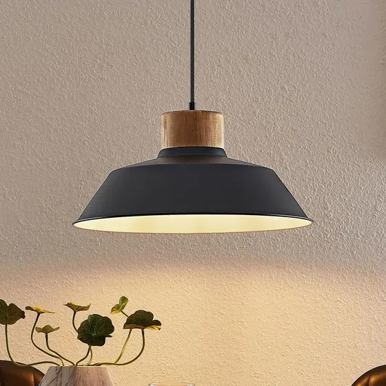 Lampa wisząca Lindby Nefeli Black – drewno i metal, Ø 42 cm