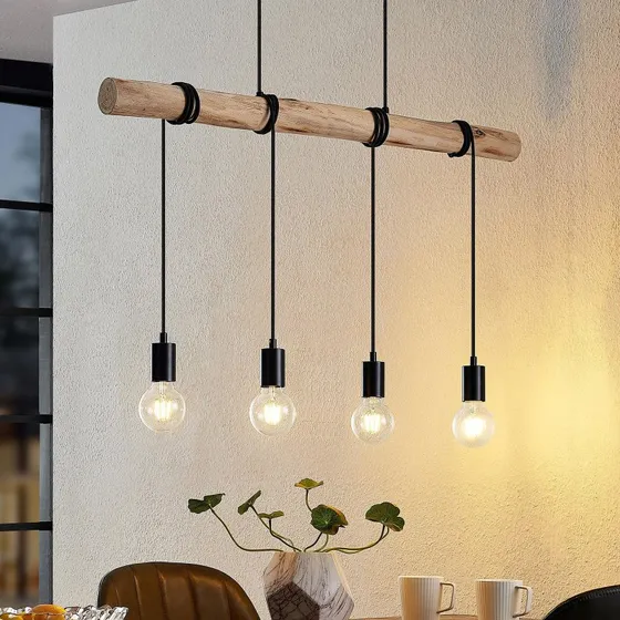 Lindby Ferris 4 Lampa Wisząca Wood/Black - Drewno Eukaliptusowe