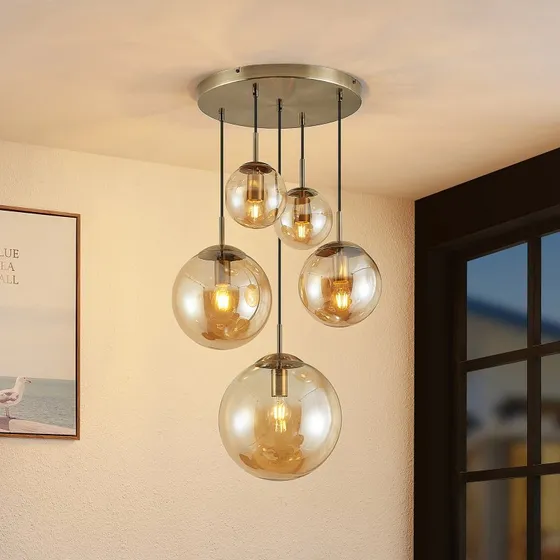 Lampa wisząca Lindby Teeja Amber, 5-punktowa, Ø50 cm, szkło