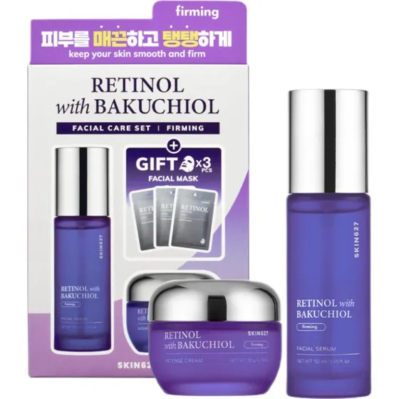 SKIN627 Retinol z Bakuchiolem: Zestaw Ujędrniający (Serum, Krem, 3xMaski)