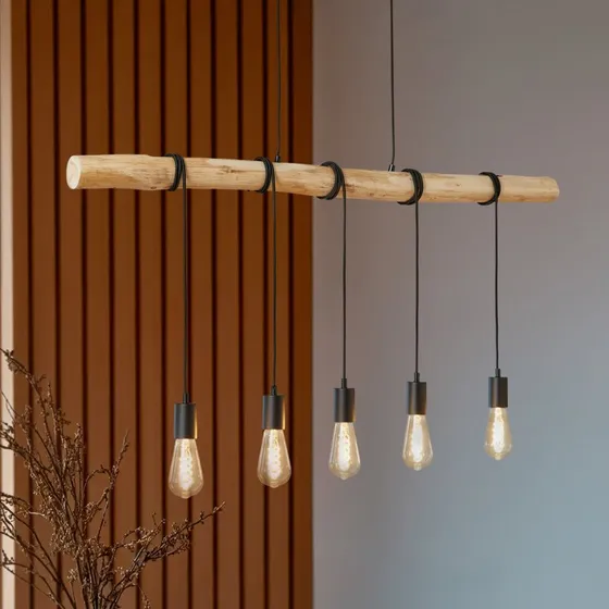Lindby Lampa Wisząca Rom Black/Wood - 5-punktowa, 116 cm