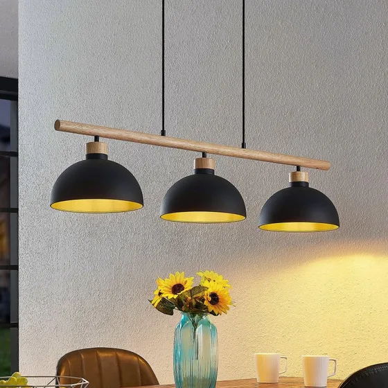 Lindby Tirzana Lampa wisząca 3-punktowa, czarny metal, drewno