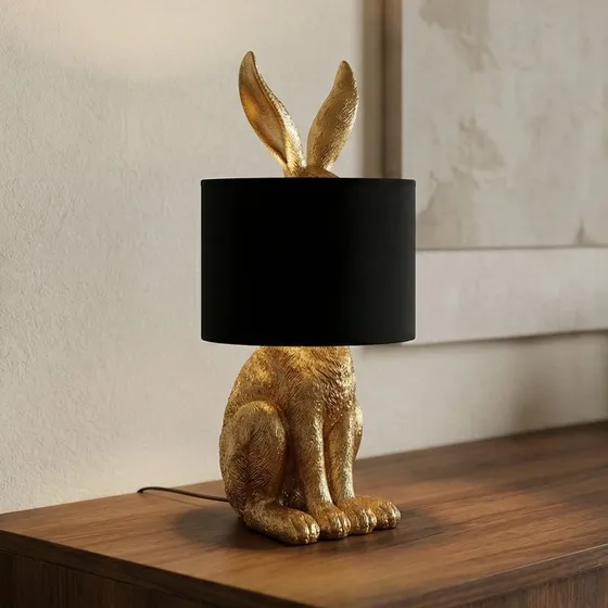 Lampa stołowa Lindby Lorentina – złoty królik i czarny abażur, 57 cm