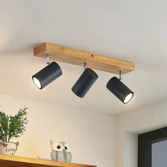 Lindby Maniva Lampa Sufitowa Black/Wood, 3-punktowa, 44 cm