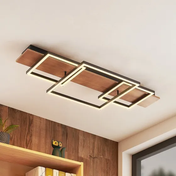 Lampa sufitowa LED Lucande Chariska 95cm, czarno-drewniana, CCT
