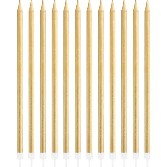 Goldie wieczki Urodzinowe Dugie 12 szt. 13,5 cm z Podstawkami