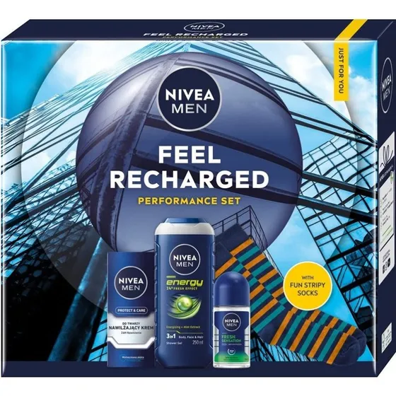Nivea Men Feel Recharged: Zestaw nawilżający (Krem 75ml, Żel 250ml, Roll-on 50ml)