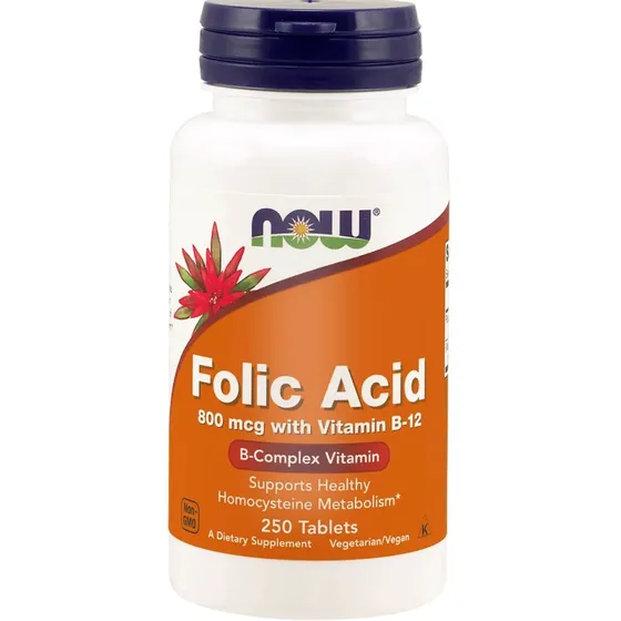 NOW Foods Kwas Foliowy z Witaminą B12 800 mcg, 250 kapsułek