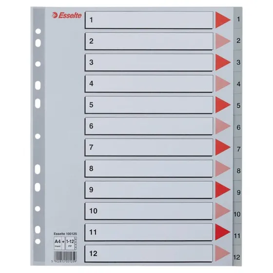 Esselte Przekadki PP Szare A4 Maxi 1-12, 100125