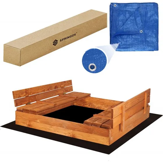 Springos Piaskownica Zamykana 150x150 cm z Ławkami i Plandeką