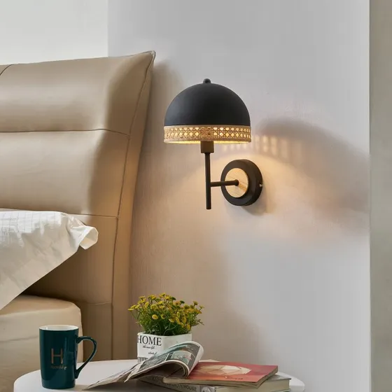 Lindby Lonnaris Kinkiet Black/Nature - Lampa ścienna z rattanem