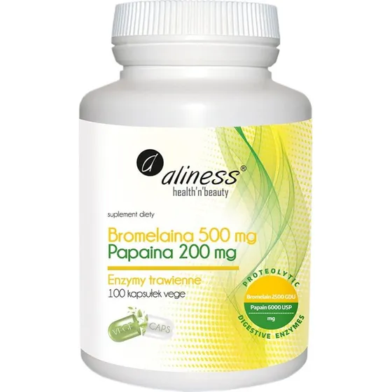 Aliness Bromelaina 500 mg i Papaina 200 mg - Enzymy Trawienne 100 kaps.