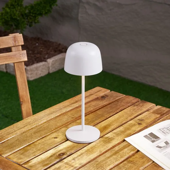 Lindby Lampa stołowa LED Arietty, biała, ściemniana, IP65, 27 cm
