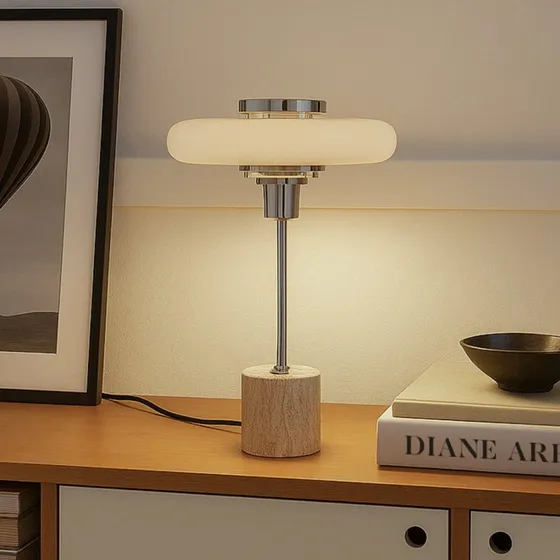 Lindby Branford Lampa stołowa, beżowy trawertyn i metal, styl retro